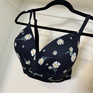 PINK Black with Daisy Print T-Shirt Bra 34DD
